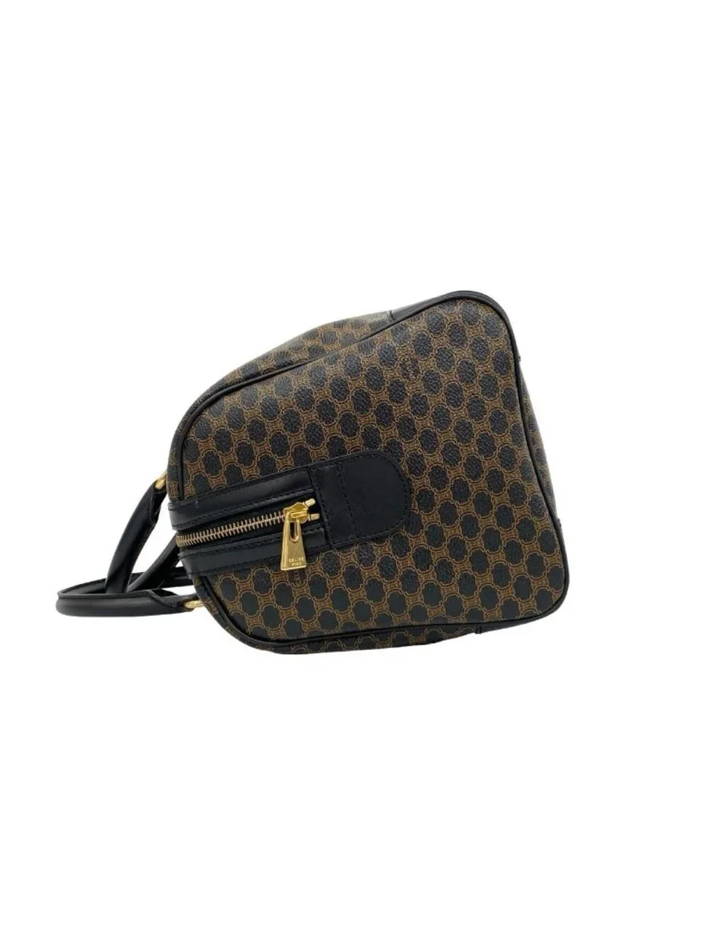 Celine Vintage Macadam Blason Pattern Leather Mini Boston Bag Black Brown